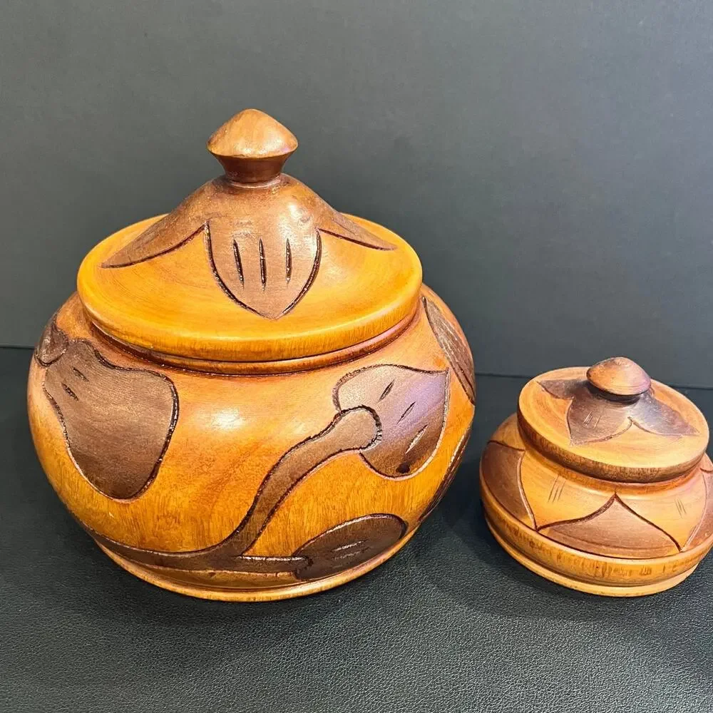 Haitian Hand-Carved Two Toned Monkey Pod Wood Lidded Bowls Vintage Folk Art Fish
